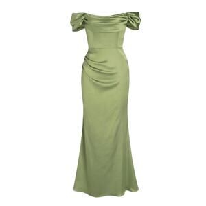 Cider Women's XLarge Light Green Ruched Off-Shoulder Satin Maxi Dress